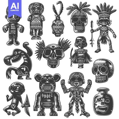 A Collection of Tribal Skulls and Creatures in Black and White