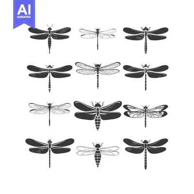 Aset premium populer: A Collection of Twelve Black and White Dragonfly Silhouettes
