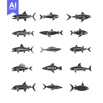 Aset desain premium: A Collection of Twelve Black and White Fish Silhouettes
