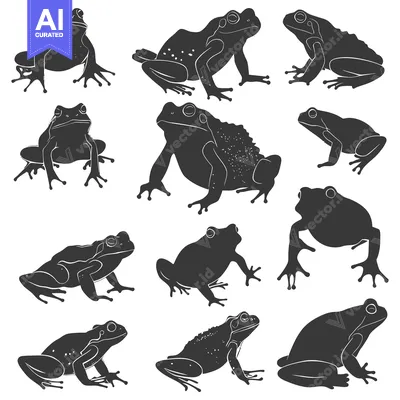 Aset premium populer: A Collection of Twelve Black and White Frog Silhouettes
