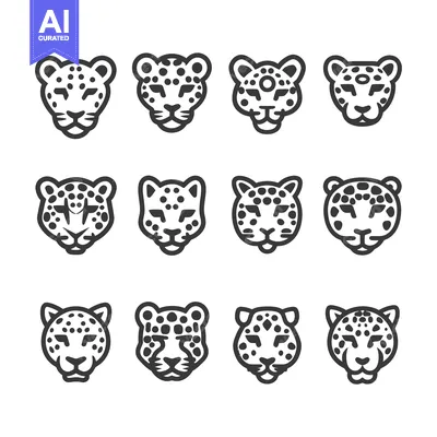 Aset premium populer: A Collection of Twelve Black and White Leopard Face Icons