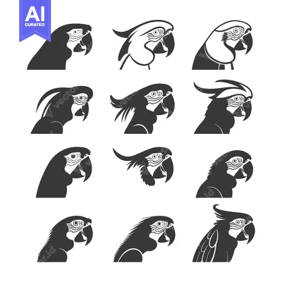 Aset desain premium: A Collection of Twelve Black and White Parrot Silhouettes