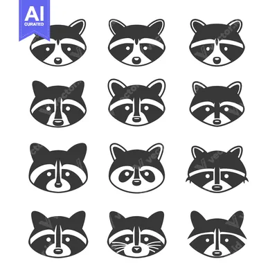 Aset desain premium: A Collection of Twelve Black and White Raccoon Faces