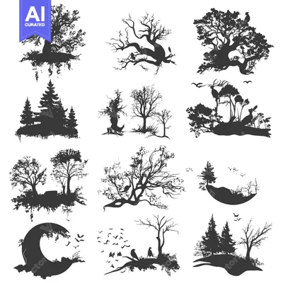 Popular premium asset: A Collection of Twelve Black and White Silhouettes Depicting Trees, Bi