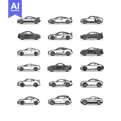 A collection of twelve black and white silhouettes of sports cars