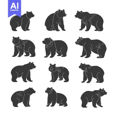 Aset desain premium: A Collection of Twelve Black Bear Silhouettes in Various Poses