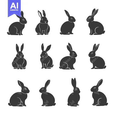 Aset premium populer: A Collection of Twelve Black Rabbit Silhouettes in Various Poses