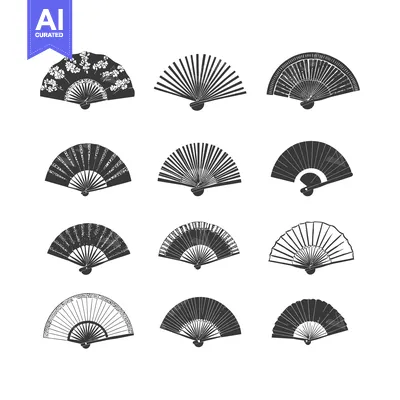 Aset desain premium: A Collection of Twelve Hand-Drawn Black and White Folding Fans