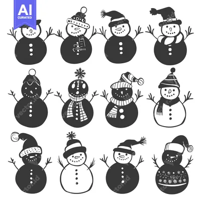 Aset premium populer: A Collection of Twelve Hand-Drawn Black and White Snowmen