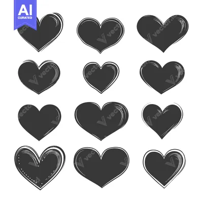 Aset premium populer: A Collection of Twelve Hand-Drawn Black Hearts on a White Background