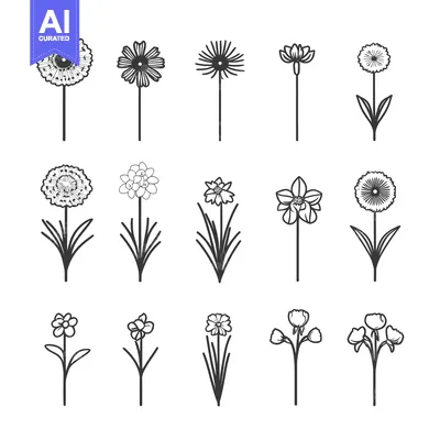Aset desain premium: A Collection of Twelve Hand-Drawn Flower Illustrations in Black and Wh