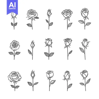 Aset premium populer: A Collection of Twelve Line Drawings of Roses in Different Stages of B