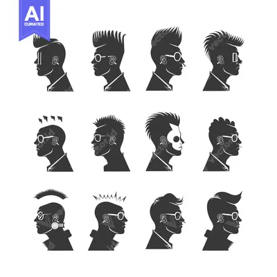 Aset premium populer: A Collection of Twelve Male Silhouettes with Distinct Hairstyles and S