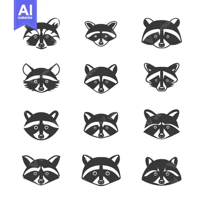 Aset premium populer: A Collection of Twelve Raccoon Faces in a Simple Black and White Desig