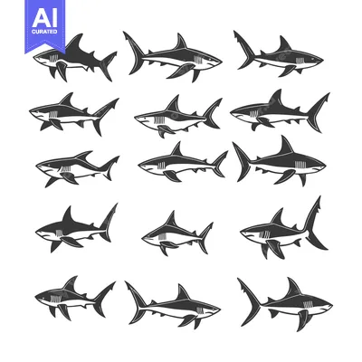 Aset premium populer: A Collection of Twelve Shark Silhouettes in Black and White