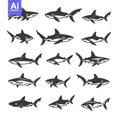 Aset desain premium: A Collection of Twelve Shark Silhouettes in Various Poses