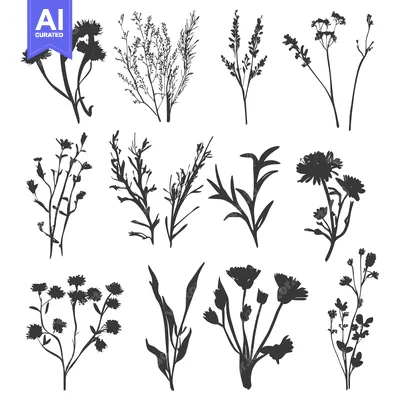 Aset desain premium: A Collection of Twelve Silhouettes of Wildflowers