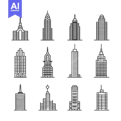 Aset premium populer: A Collection of Twelve Simple Line Art Drawings of Skyscrapers
