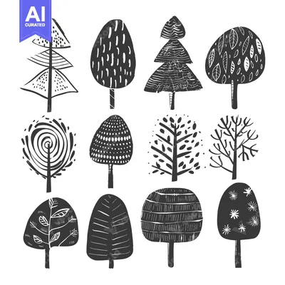 Popular premium asset: A Collection of Twelve Stylized Black and White Trees
