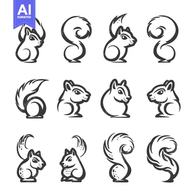 Aset premium populer: A Collection of Twelve Stylized Squirrel Illustrations
