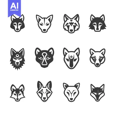 Aset desain premium: A Collection of Twelve Stylized Wolf Head Illustrations