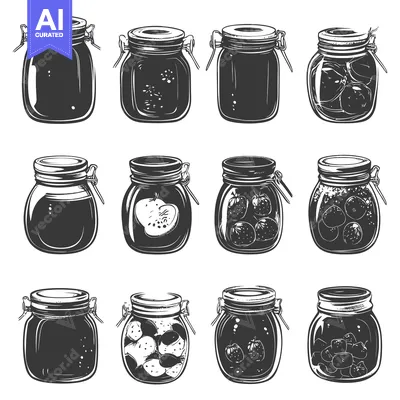 Aset desain premium: A Collection of Twelve Vintage Glass Jars with Preserved Fruits and Ve