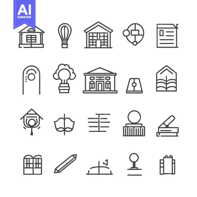 Aset desain premium: A Collection of Twenty Black and White Line Drawings of Objects Relate