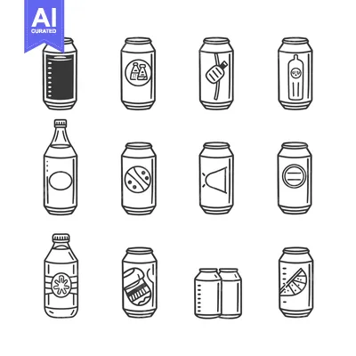 Aset desain premium: A Collection of Various Beverage Cans and Bottles in Black and White O