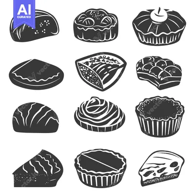 Aset premium populer: A Collection of Various Black and White Silhouettes of Pies and Tarts