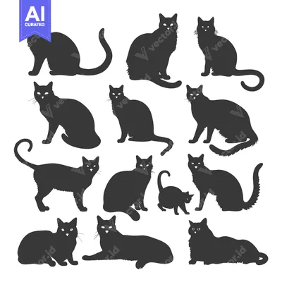 Aset desain premium: A collection of various black cat silhouettes in different poses