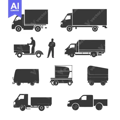 Aset desain premium: A collection of various black silhouette truck icons