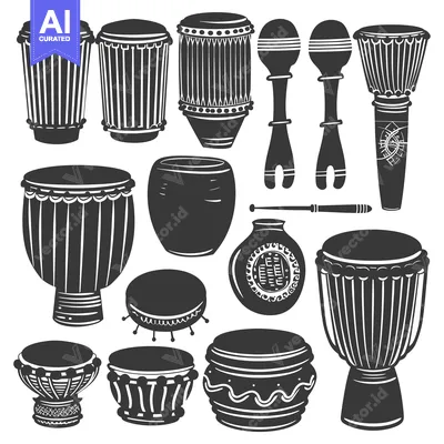 A collection of various percussion instruments, including drums and sh