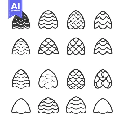 A collection of various pine cone illustrations in black and white