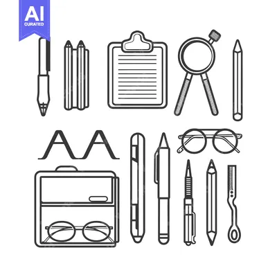 Aset desain premium: A Collection of Various Stationery Items, Including Pens, Pencils, Gla