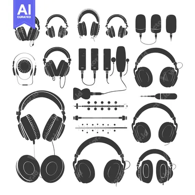 Aset desain premium: A collection of various types of headphones and audio equipment in a s