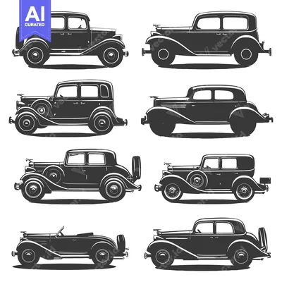Aset premium populer: A collection of vintage automobiles, depicted in monochrome silhouette