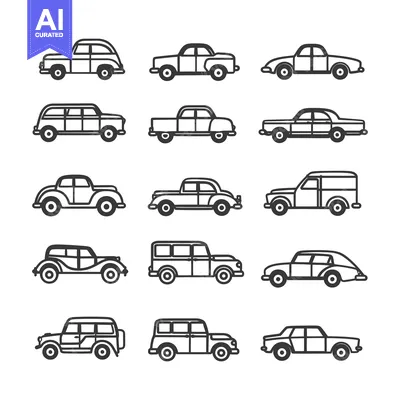 Aset desain premium: A Collection of Vintage Car Line Art Illustrations
