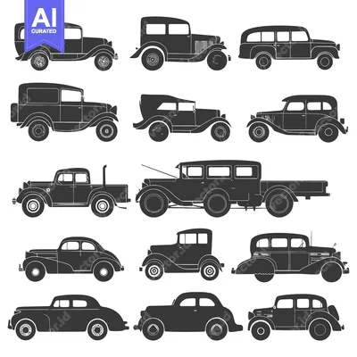 Aset premium populer: A collection of vintage car silhouettes in black and white