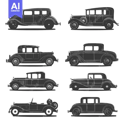 Premium design asset: A Collection of Vintage Cars in Black and White Silhouettes