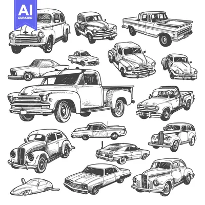 Aset desain premium: A Collection of Vintage Car Sketches in Various Styles