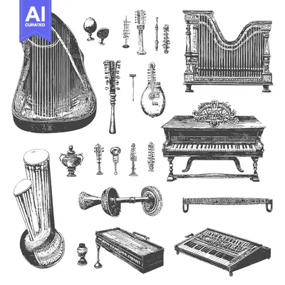 Aset desain premium: A Collection of Vintage Musical Instruments
