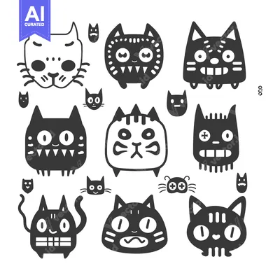 Aset premium populer: A Collection of Whimsical Black and White Cats with Various Expression