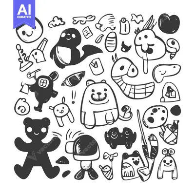 Aset premium populer: A Collection of Whimsical Hand-Drawn Creatures and Objects