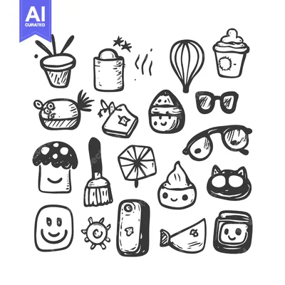Aset premium populer: A Collection of Whimsical Hand-Drawn Icons in Black and White