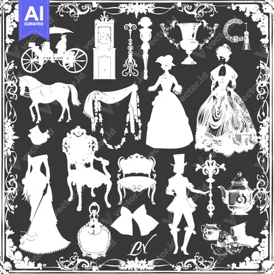 A Collection of White Silhouettes of Rococo Era Objects and Figures on