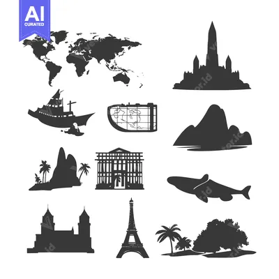 Aset desain premium: A Collection of World Landmarks and Geographical Features in Silhouett