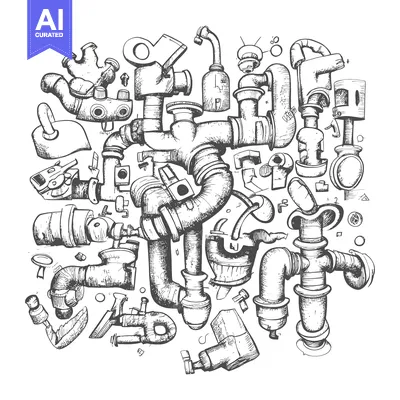 Aset premium populer: A Complex Intertwining of Hand-Drawn Plumbing Pipes and Fittings