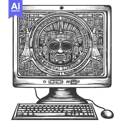 Aset premium populer: A computer screen displaying an Aztec mask within a decorative frame