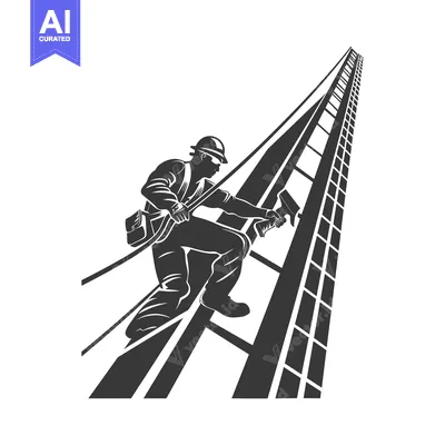 A Construction Worker Ascending a Tall Ladder