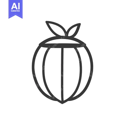 Aset desain premium: Simple black line drawing of a stylized fruit with leaves